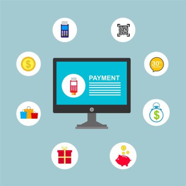 Kavram Online ve mobil ödeme web sayfası, sosyal medya, belgeler, kartları, posterler için. Vektör çizim pos terminali ile bir akıllı telefon, online bankacılık, mobil ödeme ödeme doğruladı