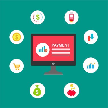 Kavram Online ve mobil ödeme web sayfası, sosyal medya, belgeler, kartları, posterler için. Vektör çizim pos terminali ile bir akıllı telefon, online bankacılık, mobil ödeme ödeme doğruladı