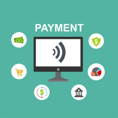 Kavram Online ve mobil ödeme web sayfası, sosyal medya, belgeler, kartları, posterler için. Vektör çizim pos terminali ile bir akıllı telefon, online bankacılık, mobil ödeme ödeme doğruladı