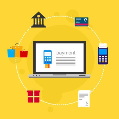 Kavram Online ve mobil ödeme web sayfası, sosyal medya, belgeler, kartları, posterler için. Vektör çizim pos terminali ile bir akıllı telefon, online bankacılık, mobil ödeme ödeme doğruladı
