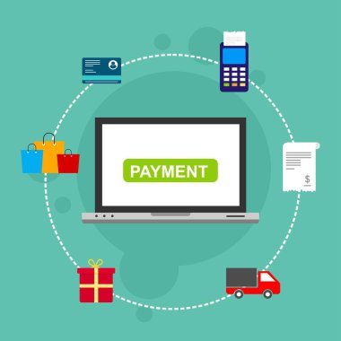 Kavram Online ve mobil ödeme web sayfası, sosyal medya, belgeler, kartları, posterler için. Vektör çizim pos terminali ile bir akıllı telefon, online bankacılık, mobil ödeme ödeme doğruladı