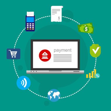 Kavram Online ve mobil ödeme web sayfası, sosyal medya, belgeler, kartları, posterler için. Vektör çizim pos terminali ile bir akıllı telefon, online bankacılık, mobil ödeme ödeme doğruladı