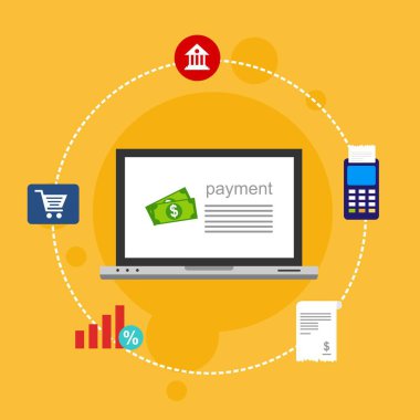 Kavram Online ve mobil ödeme web sayfası, sosyal medya, belgeler, kartları, posterler için. Vektör çizim pos terminali ile bir akıllı telefon, online bankacılık, mobil ödeme ödeme doğruladı