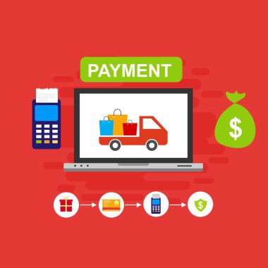 Kavram Online ve mobil ödeme web sayfası, sosyal medya, belgeler, kartları, posterler için. Vektör çizim pos terminali ile bir akıllı telefon, online bankacılık, mobil ödeme ödeme doğruladı