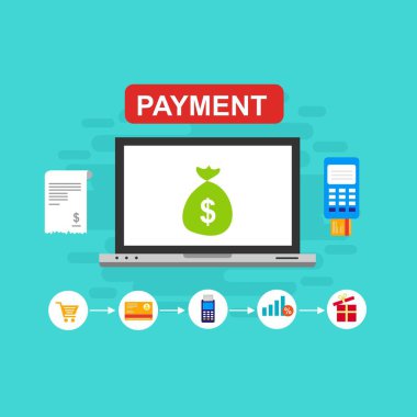 Kavram Online ve mobil ödeme web sayfası, sosyal medya, belgeler, kartları, posterler için. Vektör çizim pos terminali ile bir akıllı telefon, online bankacılık, mobil ödeme ödeme doğruladı