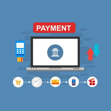 Kavram Online ve mobil ödeme web sayfası, sosyal medya, belgeler, kartları, posterler için. Vektör çizim pos terminali ile bir akıllı telefon, online bankacılık, mobil ödeme ödeme doğruladı
