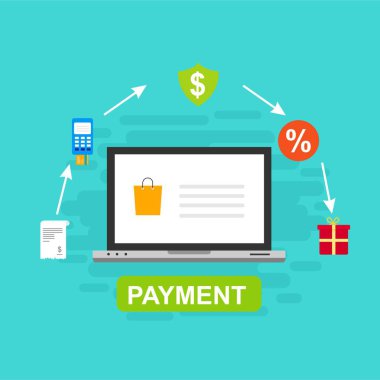 Kavram Online ve mobil ödeme web sayfası, sosyal medya, belgeler, kartları, posterler için. Vektör çizim pos terminali ile bir akıllı telefon, online bankacılık, mobil ödeme ödeme doğruladı