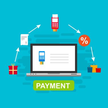 Kavram Online ve mobil ödeme web sayfası, sosyal medya, belgeler, kartları, posterler için. Vektör çizim pos terminali ile bir akıllı telefon, online bankacılık, mobil ödeme ödeme doğruladı