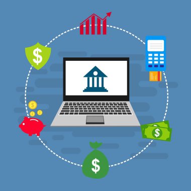 Bilgisayar vektör illüstrasyon online ödeme, kredi kartı ve dizüstü bilgisayar pc konsepti ile düz karikatür büyük ödeme faturası vergi, finansal muhasebe, dijital makbuz ile elektronik ödeme bildirimi - Vektör