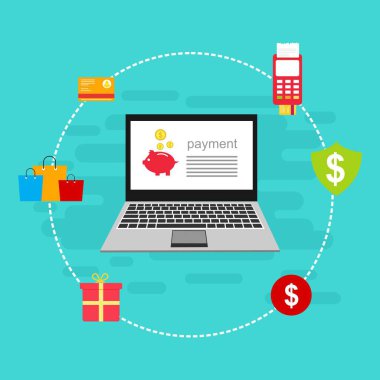 Bilgisayar vektör illüstrasyon online ödeme, kredi kartı ve dizüstü bilgisayar pc konsepti ile düz karikatür büyük ödeme faturası vergi, finansal muhasebe, dijital makbuz ile elektronik ödeme bildirimi - Vektör