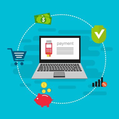 Bilgisayar vektör illüstrasyon online ödeme, kredi kartı ve dizüstü bilgisayar pc konsepti ile düz karikatür büyük ödeme faturası vergi, finansal muhasebe, dijital makbuz ile elektronik ödeme bildirimi - Vektör