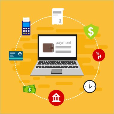 Bilgisayar vektör illüstrasyon online ödeme, kredi kartı ve dizüstü bilgisayar pc konsepti ile düz karikatür büyük ödeme faturası vergi, finansal muhasebe, dijital makbuz ile elektronik ödeme bildirimi - Vektör