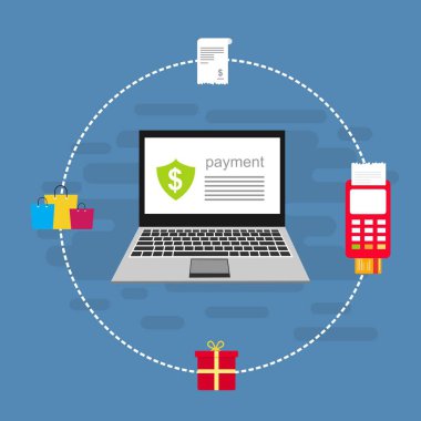 Bilgisayar vektör illüstrasyon online ödeme, kredi kartı ve dizüstü bilgisayar pc konsepti ile düz karikatür büyük ödeme faturası vergi, finansal muhasebe, dijital makbuz ile elektronik ödeme bildirimi - Vektör