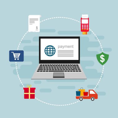 Bilgisayar vektör illüstrasyon online ödeme, kredi kartı ve dizüstü bilgisayar pc konsepti ile düz karikatür büyük ödeme faturası vergi, finansal muhasebe, dijital makbuz ile elektronik ödeme bildirimi - Vektör