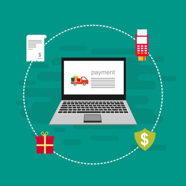 Bilgisayar vektör illüstrasyon online ödeme, kredi kartı ve dizüstü bilgisayar pc konsepti ile düz karikatür büyük ödeme faturası vergi, finansal muhasebe, dijital makbuz ile elektronik ödeme bildirimi - Vektör