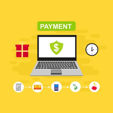 Bilgisayar vektör illüstrasyon online ödeme, kredi kartı ve dizüstü bilgisayar pc konsepti ile düz karikatür büyük ödeme faturası vergi, finansal muhasebe, dijital makbuz ile elektronik ödeme bildirimi - Vektör