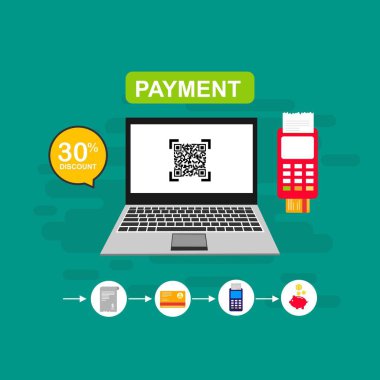 Bilgisayar vektör illüstrasyon online ödeme, kredi kartı ve dizüstü bilgisayar pc konsepti ile düz karikatür büyük ödeme faturası vergi, finansal muhasebe, dijital makbuz ile elektronik ödeme bildirimi - Vektör