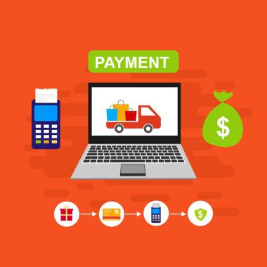 Bilgisayar vektör illüstrasyon online ödeme, kredi kartı ve dizüstü bilgisayar pc konsepti ile düz karikatür büyük ödeme faturası vergi, finansal muhasebe, dijital makbuz ile elektronik ödeme bildirimi - Vektör