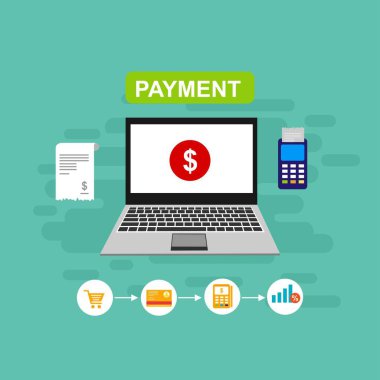Bilgisayar vektör illüstrasyon online ödeme, kredi kartı ve dizüstü bilgisayar pc konsepti ile düz karikatür büyük ödeme faturası vergi, finansal muhasebe, dijital makbuz ile elektronik ödeme bildirimi - Vektör