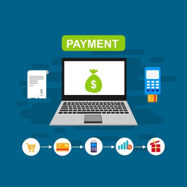 Bilgisayar vektör illüstrasyon online ödeme, kredi kartı ve dizüstü bilgisayar pc konsepti ile düz karikatür büyük ödeme faturası vergi, finansal muhasebe, dijital makbuz ile elektronik ödeme bildirimi - Vektör