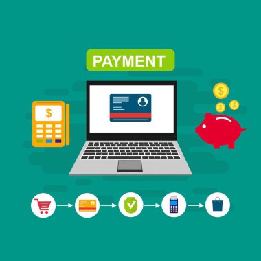 Bilgisayar vektör illüstrasyon online ödeme, kredi kartı ve dizüstü bilgisayar pc konsepti ile düz karikatür büyük ödeme faturası vergi, finansal muhasebe, dijital makbuz ile elektronik ödeme bildirimi - Vektör