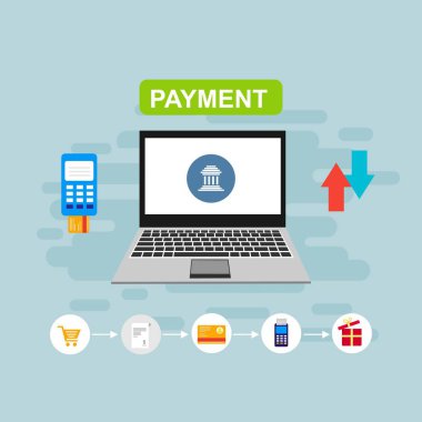 Bilgisayar vektör illüstrasyon online ödeme, kredi kartı ve dizüstü bilgisayar pc konsepti ile düz karikatür büyük ödeme faturası vergi, finansal muhasebe, dijital makbuz ile elektronik ödeme bildirimi - Vektör