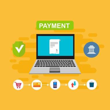 Bilgisayar vektör illüstrasyon online ödeme, kredi kartı ve dizüstü bilgisayar pc konsepti ile düz karikatür büyük ödeme faturası vergi, finansal muhasebe, dijital makbuz ile elektronik ödeme bildirimi - Vektör