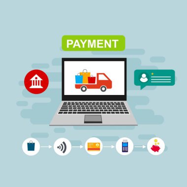 Bilgisayar vektör illüstrasyon online ödeme, kredi kartı ve dizüstü bilgisayar pc konsepti ile düz karikatür büyük ödeme faturası vergi, finansal muhasebe, dijital makbuz ile elektronik ödeme bildirimi - Vektör