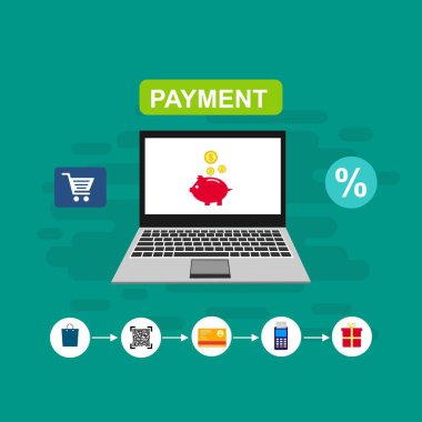 Bilgisayar vektör illüstrasyon online ödeme, kredi kartı ve dizüstü bilgisayar pc konsepti ile düz karikatür büyük ödeme faturası vergi, finansal muhasebe, dijital makbuz ile elektronik ödeme bildirimi - Vektör