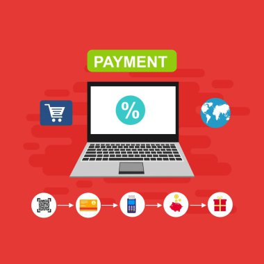 Bilgisayar vektör illüstrasyon online ödeme, kredi kartı ve dizüstü bilgisayar pc konsepti ile düz karikatür büyük ödeme faturası vergi, finansal muhasebe, dijital makbuz ile elektronik ödeme bildirimi - Vektör