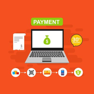 Bilgisayar vektör illüstrasyon online ödeme, kredi kartı ve dizüstü bilgisayar pc konsepti ile düz karikatür büyük ödeme faturası vergi, finansal muhasebe, dijital makbuz ile elektronik ödeme bildirimi - Vektör