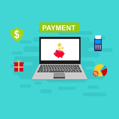 Bilgisayar vektör illüstrasyon online ödeme, kredi kartı ve dizüstü bilgisayar pc konsepti ile düz karikatür büyük ödeme faturası vergi, finansal muhasebe, dijital makbuz ile elektronik ödeme bildirimi - Vektör