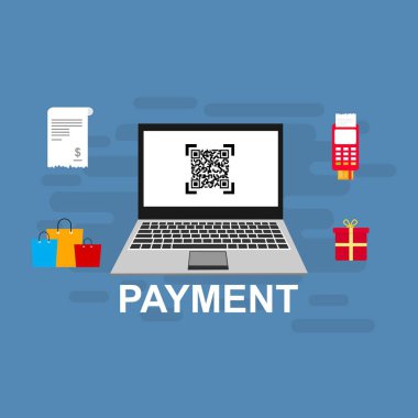 Bilgisayar vektör illüstrasyon online ödeme, kredi kartı ve dizüstü bilgisayar pc konsepti ile düz karikatür büyük ödeme faturası vergi, finansal muhasebe, dijital makbuz ile elektronik ödeme bildirimi - Vektör