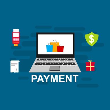 Bilgisayar vektör illüstrasyon online ödeme, kredi kartı ve dizüstü bilgisayar pc konsepti ile düz karikatür büyük ödeme faturası vergi, finansal muhasebe, dijital makbuz ile elektronik ödeme bildirimi - Vektör