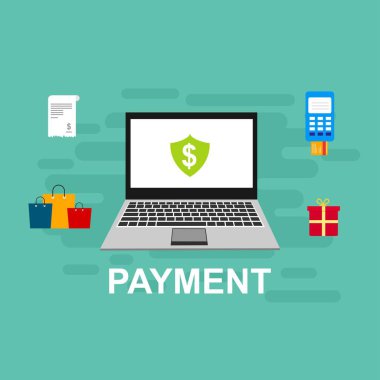 Bilgisayar vektör illüstrasyon online ödeme, kredi kartı ve dizüstü bilgisayar pc konsepti ile düz karikatür büyük ödeme faturası vergi, finansal muhasebe, dijital makbuz ile elektronik ödeme bildirimi - Vektör