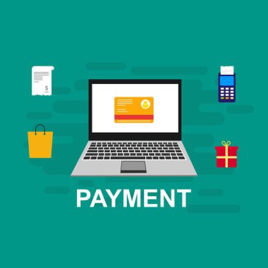 Bilgisayar vektör illüstrasyon online ödeme, kredi kartı ve dizüstü bilgisayar pc konsepti ile düz karikatür büyük ödeme faturası vergi, finansal muhasebe, dijital makbuz ile elektronik ödeme bildirimi - Vektör