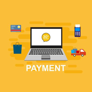 Bilgisayar vektör illüstrasyon online ödeme, kredi kartı ve dizüstü bilgisayar pc konsepti ile düz karikatür büyük ödeme faturası vergi, finansal muhasebe, dijital makbuz ile elektronik ödeme bildirimi - Vektör