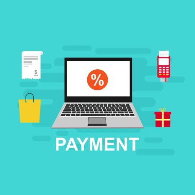 Bilgisayar vektör illüstrasyon online ödeme, kredi kartı ve dizüstü bilgisayar pc konsepti ile düz karikatür büyük ödeme faturası vergi, finansal muhasebe, dijital makbuz ile elektronik ödeme bildirimi - Vektör