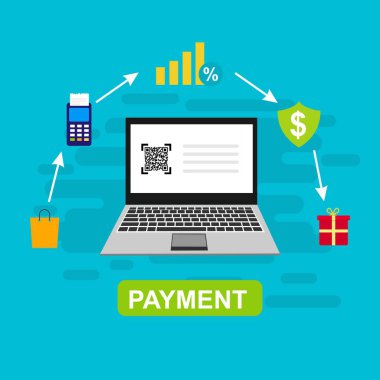 Bilgisayar vektör illüstrasyon online ödeme, kredi kartı ve dizüstü bilgisayar pc konsepti ile düz karikatür büyük ödeme faturası vergi, finansal muhasebe, dijital makbuz ile elektronik ödeme bildirimi - Vektör