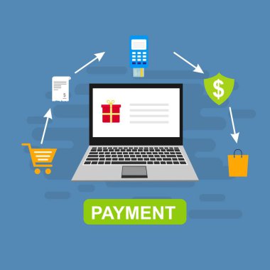 Bilgisayar vektör illüstrasyon online ödeme, kredi kartı ve dizüstü bilgisayar pc konsepti ile düz karikatür büyük ödeme faturası vergi, finansal muhasebe, dijital makbuz ile elektronik ödeme bildirimi - Vektör