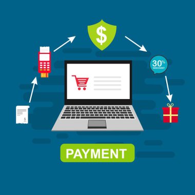 Bilgisayar vektör illüstrasyon online ödeme, kredi kartı ve dizüstü bilgisayar pc konsepti ile düz karikatür büyük ödeme faturası vergi, finansal muhasebe, dijital makbuz ile elektronik ödeme bildirimi - Vektör