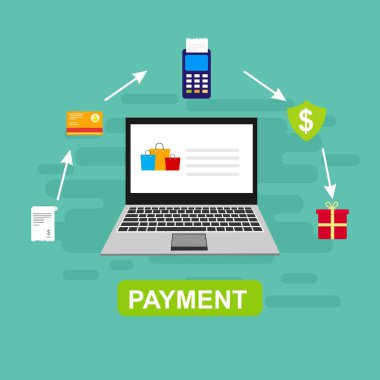 Bilgisayar vektör illüstrasyon online ödeme, kredi kartı ve dizüstü bilgisayar pc konsepti ile düz karikatür büyük ödeme faturası vergi, finansal muhasebe, dijital makbuz ile elektronik ödeme bildirimi - Vektör
