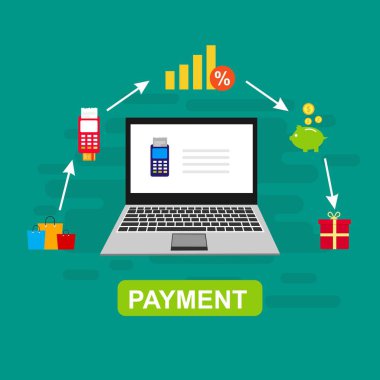 Bilgisayar vektör illüstrasyon online ödeme, kredi kartı ve dizüstü bilgisayar pc konsepti ile düz karikatür büyük ödeme faturası vergi, finansal muhasebe, dijital makbuz ile elektronik ödeme bildirimi - Vektör