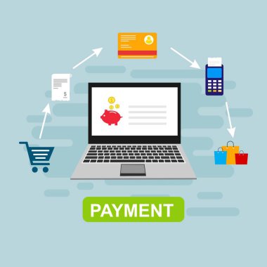 Bilgisayar vektör illüstrasyon online ödeme, kredi kartı ve dizüstü bilgisayar pc konsepti ile düz karikatür büyük ödeme faturası vergi, finansal muhasebe, dijital makbuz ile elektronik ödeme bildirimi - Vektör