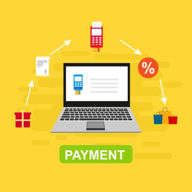 Bilgisayar vektör illüstrasyon online ödeme, kredi kartı ve dizüstü bilgisayar pc konsepti ile düz karikatür büyük ödeme faturası vergi, finansal muhasebe, dijital makbuz ile elektronik ödeme bildirimi - Vektör