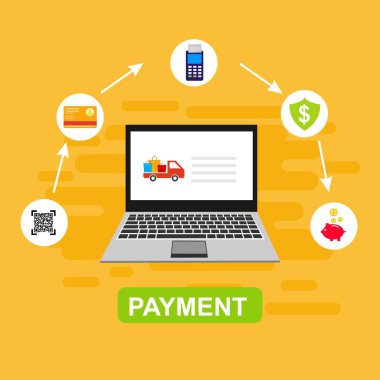 Bilgisayar vektör illüstrasyon online ödeme, kredi kartı ve dizüstü bilgisayar pc konsepti ile düz karikatür büyük ödeme faturası vergi, finansal muhasebe, dijital makbuz ile elektronik ödeme bildirimi - Vektör