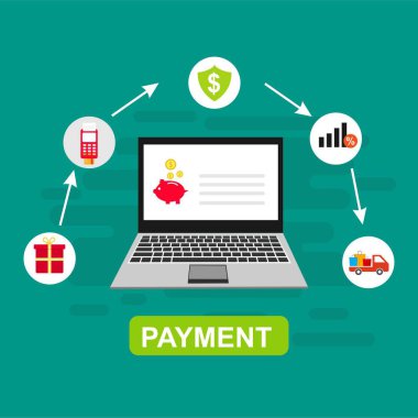 Bilgisayar vektör illüstrasyon online ödeme, kredi kartı ve dizüstü bilgisayar pc konsepti ile düz karikatür büyük ödeme faturası vergi, finansal muhasebe, dijital makbuz ile elektronik ödeme bildirimi - Vektör