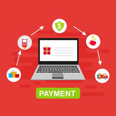 Bilgisayar vektör illüstrasyon online ödeme, kredi kartı ve dizüstü bilgisayar pc konsepti ile düz karikatür büyük ödeme faturası vergi, finansal muhasebe, dijital makbuz ile elektronik ödeme bildirimi - Vektör