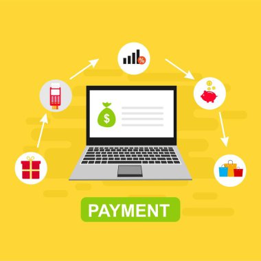 Bilgisayar vektör illüstrasyon online ödeme, kredi kartı ve dizüstü bilgisayar pc konsepti ile düz karikatür büyük ödeme faturası vergi, finansal muhasebe, dijital makbuz ile elektronik ödeme bildirimi - Vektör