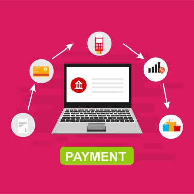 Bilgisayar vektör illüstrasyon online ödeme, kredi kartı ve dizüstü bilgisayar pc konsepti ile düz karikatür büyük ödeme faturası vergi, finansal muhasebe, dijital makbuz ile elektronik ödeme bildirimi - Vektör